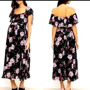 Anthropologie Yumi Kim Chantal Black & Pink Floral Maternity Midi Dress Sz XS